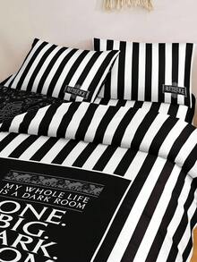 Beetlejuice X SHEIN Slogan & Striped Print Bedding Set - Black and White - View 5