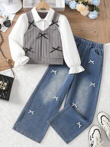 Sparklyn Girls' Outfit Set: Patterned Knit Vest, Bow Accent, Simple Shirt, Stylish Jeans, Fashionable & Sweet Style, Suitable For Spring, Autumn & Winter Occasions Like Outings, Parties Fall - Grey - View 1