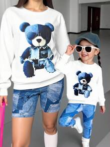 SHEIN 2pcs Women Set, New Design White Crew Neck Sweatshirt With Funny Graphic Print, Panda Graphic Splice, Fitted Short Sleeve Leggings With Digital Print And Splice Pattern, Matching Family Outfit - Multicolor - View 1