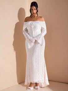 SHEIN BAE Váy Maxi đuôi cá dài tay ren trắng trễ vai thanh lịch dành cho nữ, thích hợp cho đám cưới, tiệc tùng, váy phù dâu, váy tốt nghiệp màu trắng - Màu be - Xem 6