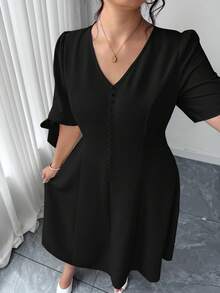 Elenzga Plus Size Women's Elegant Commuter Casual V-Neck Bowknot Puff Sleeve Waist Tie Dress, Summer - Black - View 5