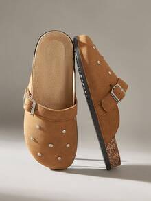 Solecia 女士圆头钻石扣带方便穿脱，平底舒适，适合日常宴会和通勤，时尚百搭的女鞋 - 棕色 - 查看 6