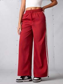 SHEIN Sports Women's Casual Drawstring Waist Contrast Striped Side Loose Wide Leg Sports Pants,Red Track Activewear Workout Pants - Red - View 2