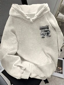 SHEIN Áo hoodie trễ vai in hình xe hơi thường ngày dành cho nữ, Thu/Đông - Màu Xám nhạt - Xem 2