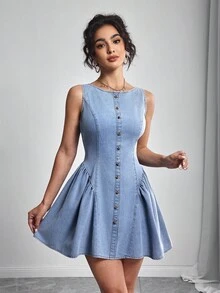 Elenzga Đầm denim không tay cổ tròn đơn giản, tối giản, màu trơn dành cho nữ - Màu xanh lam - Xem 5
