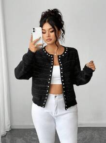 Elenzga Colección Kooky Elegance (Vibes de Woe Is Me)(Estética del miércoles) Elegante suéter de cárdigan vintage de manga larga y corto con cuentas para mujeres de talla grande, casual y de negocios, para otoño/invierno