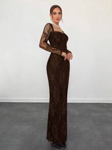 Aloruh Đầm Maxi Ôm Body Cổ Vuông Ren Tay Dài Hình Chữ S Gợi Cảm Cho Nữ Thu/Đông Mới Cho Dự Tiệc, Đêm Hẹn Hò, Buổi Tối - màu nâu - Xem 5