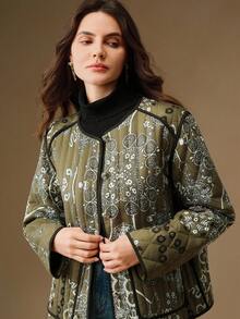 Anewsta 女士优雅腰果花印花绗缝长袖圆领棉服外套，冬季 - 軍綠色 - 查看 6