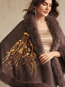 Anewsta Chaqueta capa de mujer con diseño de lentejuelas y parches de piel de zorro de lujo - Marrón - Ver 5