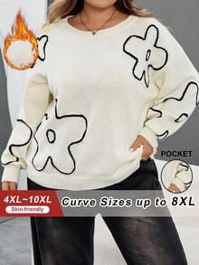 SHEIN CURVE+ Plus Size Women Floral Print Pattern Round Neck Pullover Sweater, New Autumn/Winter Collection/Autumn /Winter - Black and White - View 2