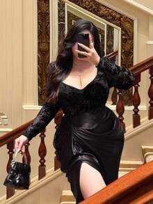 Flirla Plus Size Sweetheart Neck Long Sleeve Flocked Patchwork Ruffle Slit Romantic Elegant Vintage Black Dress For Dates, Parties, Galas Fall Cloth For Women - Black - View 5