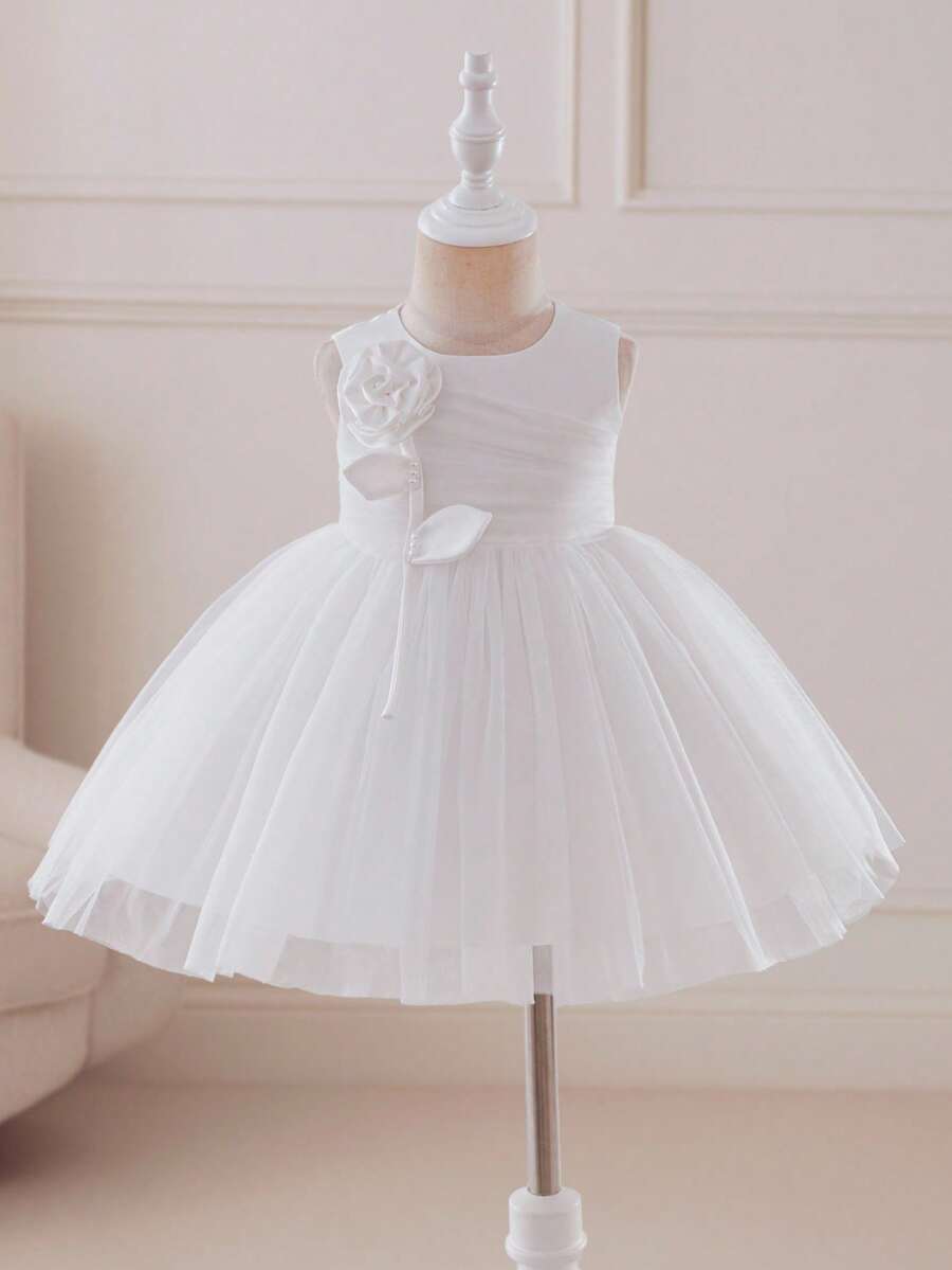 Glamorique Kids 女婴白色缎面薄纱泡泡裙连衣裙，花朵串珠装饰婚礼花童礼服，女婴派对庆典表演服装，女婴无袖吊带裙 - 米色 - 查看 1