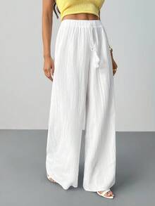 SHEIN Tall 女式全长几何白色休闲度假阔腿裤 - 白色 - 查看 1