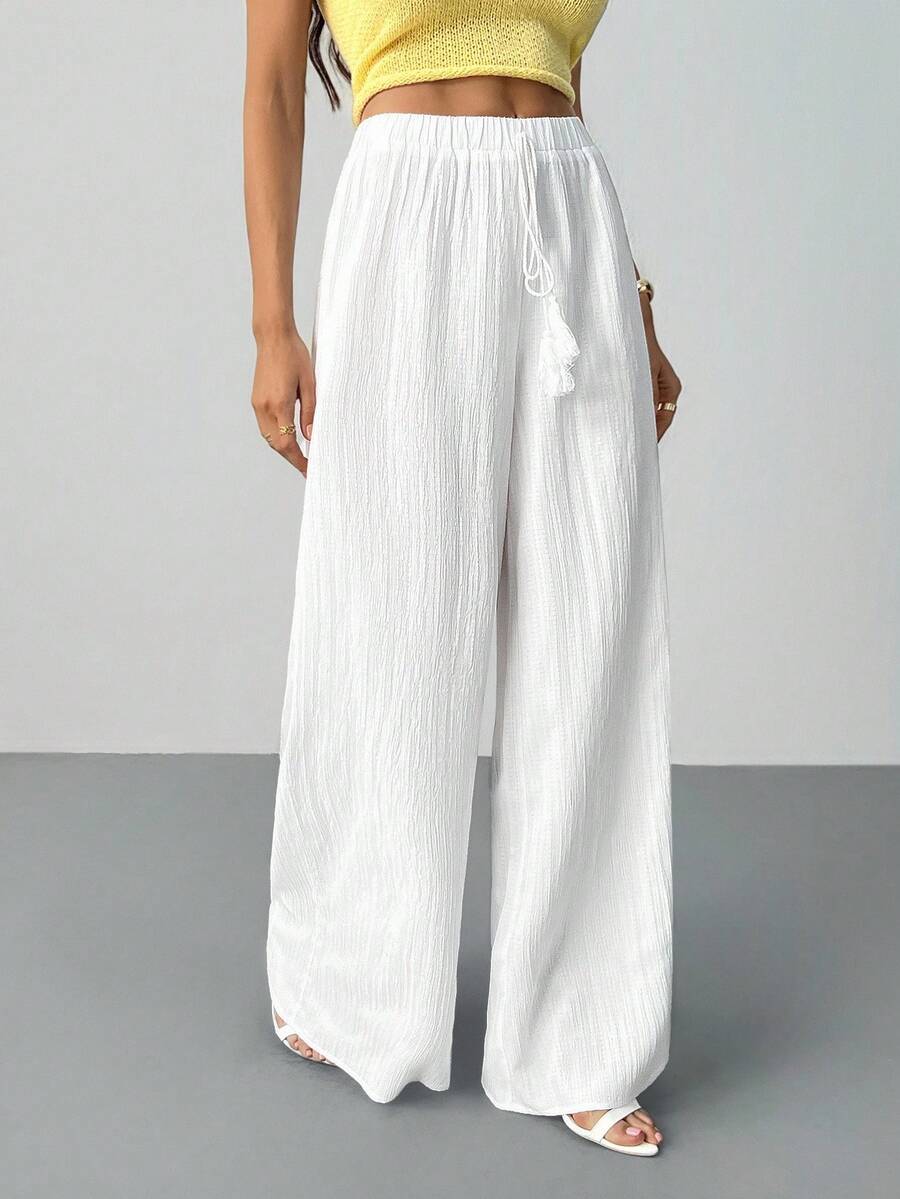 SHEIN Tall 女式全长几何白色休闲度假阔腿裤 - 白色 - 查看 1