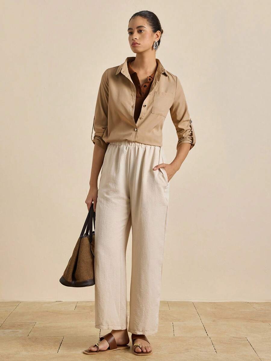 Airaco 1 件女式休闲纯色长袖衬衫（带袖口）、长袖上衣 - 卡其色 - 查看 1