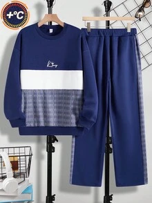 SHEIN 2 件青少年男童休闲字母标语印花圆领运动衫和裤子套装，纯色简约基本百搭，适合通勤、上学、日常休闲、旅行、户外派对、运动、秋冬 - 彩色 - 查看 2