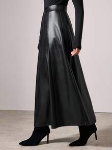 COSMINA 女士优雅长款PU皮裙，秋冬 - 黑色 - 查看 6