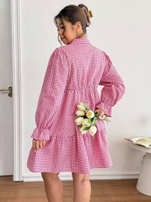 SHEIN Frenchy Plus Size Women's Open Front Plaid Long Sleeve Short Dress, Casual Outgoing Date Fashion Crimson Red Dress