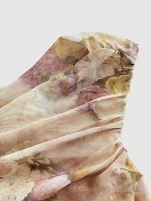 SHEIN MOD 女士优雅花卉印花不对称领口褶饰修身中长连衣裙 - 彩色 - 查看 5