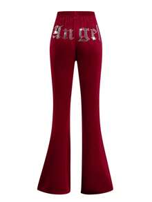 SHEIN 青少年女孩天鹅绒水钻口袋连帽拉链运动衫和修身喇叭裤休闲优雅两件套 - 酒紅色 - 查看 7