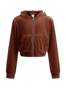 SHEIN Tween Girl Velvet Rhinestone Pocket Hooded Zip-Up Sweatshirt And Slim Flare Pants Casual Elegant 2 Pieces Set, Girl Brown Two Piece Set, Girl Co Ord Set, Girls Brown Velour Tracksuit, Girls Rhinestone Two Piece Fall Winter
