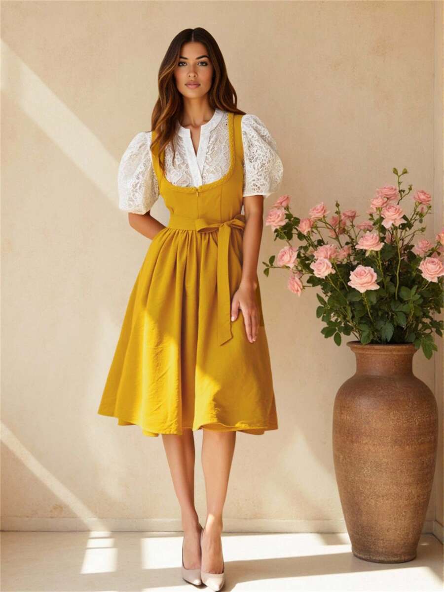 Fairmaia 1 套女式传统德国 Dirndl 连衣裙，配有蕾丝上衣和编织肩带，芥末黄，万圣节 - 黃色 - 查看 1