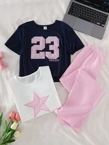 少女数字和星星格子刺绣短袖上衣搭配粉色格子裤家居服套装 - 彩色 - 查看 5