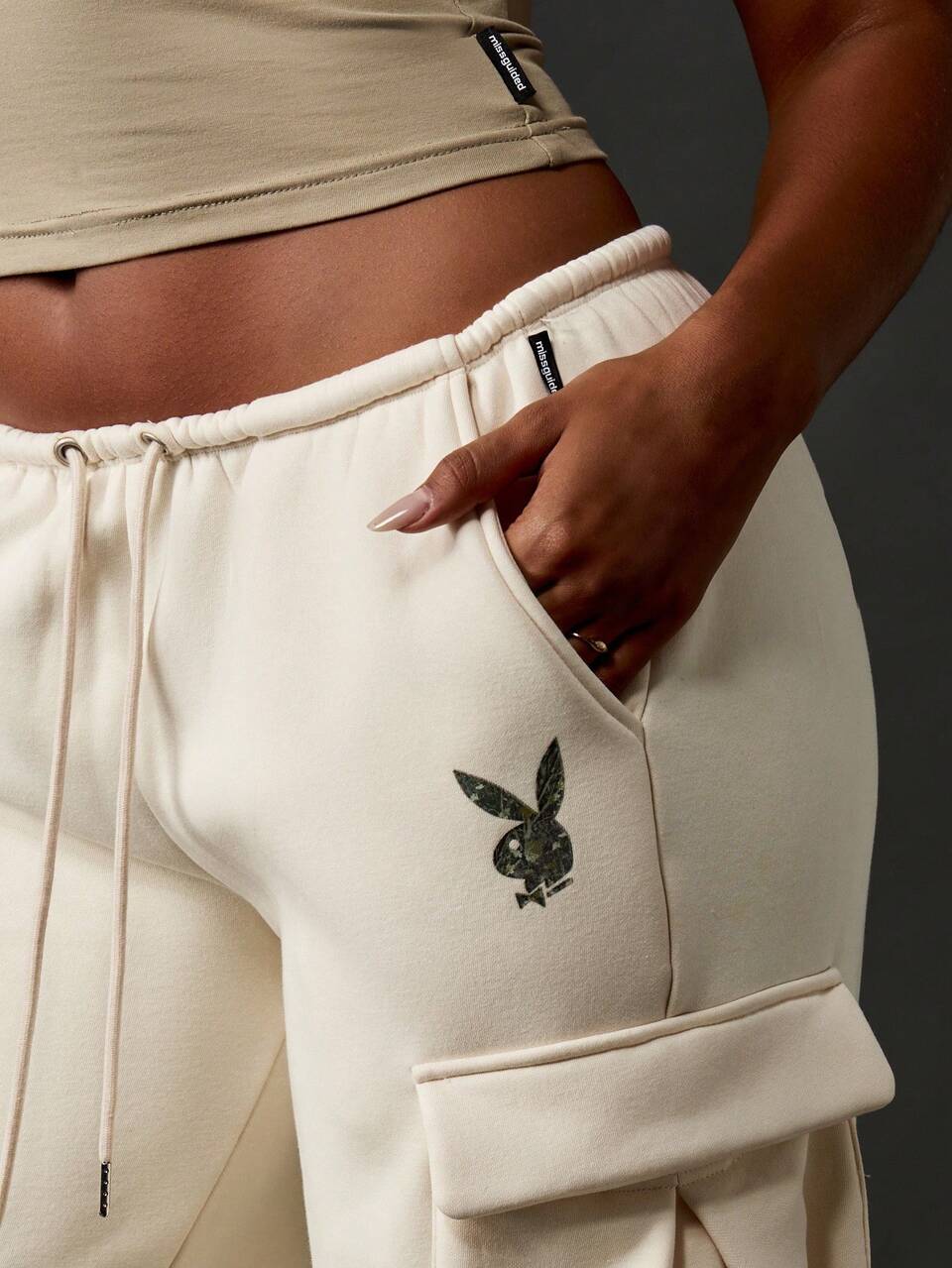 Missguided x Playboy 오버사이즈 프렌치 테리 와이드 레그 카고 조거 팬츠 스트리트웨어 겨울 가을 캐주얼 루즈핏 패션 팬츠 Y2K 에스테틱 라운지웨어