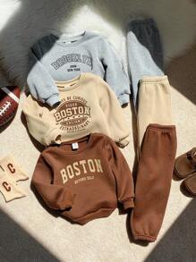 Bộ 6 bộ đồ thể thao thường ngày cho bé trai/bé gái, áo nỉ dài tay in chữ dễ thương và quần jogger, quần áo mùa đông đa năng cho bé trai/bé gái - Nhiều màu - Xem 6
