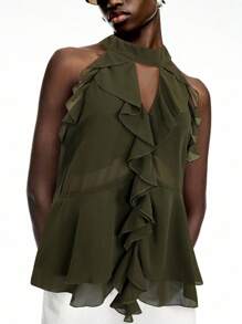 LYSMO 2025 New Arrival Claret Ruffle Chiffon Halter Top With Tie – Boho Summer Style - Army Green - View 5