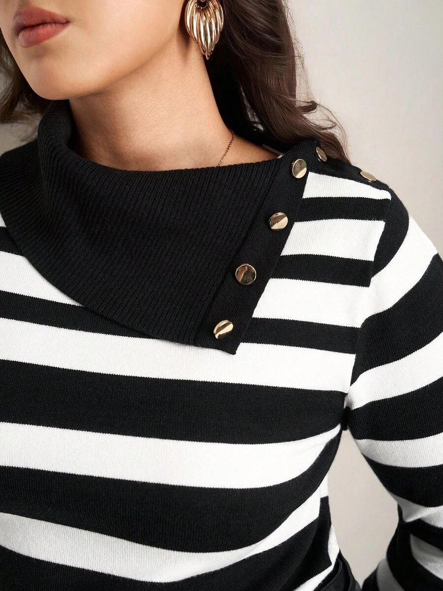 Chikora Gestreifter figurbetonter eleganter Strickpullover in Große Größen mit Langarm