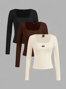 SHEIN EZwear 3 件女士休闲 U 领长袖紧身 T 恤，适合秋冬季 - 彩色 - 查看 11