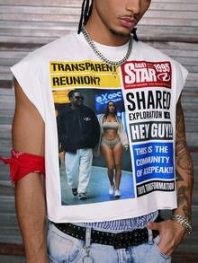 AXEPEAK 男士休闲时尚街头个性标语印花宽松针织背心，夏季 - 白色 - 查看 4