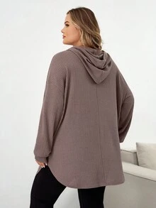 SHEIN CURVE+ Plus Size Solid Color Hooded Drawstring Asymmetrical Hem Sweatshirt Winter Fall Autumn/Autumn /Winter - Dusty Pink - View 2