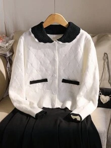 Niña preadolescente Estilo casual de escuela y transporte Suéter de punto de cuello polo de un solo botonadura con diseño argyle de color contrastante, otoño - Blanco - Ver 1
