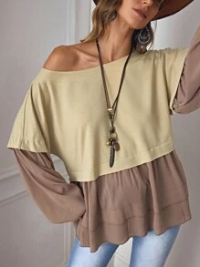 LanaWest Women's Western Casual Khaki Oversized Crew Neck Long Sleeve Gathered Fabric Contrast Patchwork Design Loose Sweatshirt Fall Cloth For Women