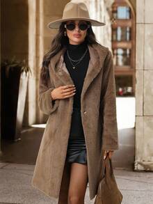 Editum Women's Elegant Hooded Fluffy Pocket Coat, Autumn/Winter Faux Thermal Lined Jackethalloween Christmas Party Elegant Going Out Saudi National Day Christmas Clothes Autumn Clothes For  Women's Winter Jacketfall Clothes For Women Winter Clothes Women's Winter Jacket Halloween Party - Brown - View 4