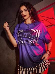 ANNABELLE x SHEIN Plus Size Summer Letter & Horror Movie Graphic Round Neck Short Sleeve T-Shirt - Multicolor - View 5