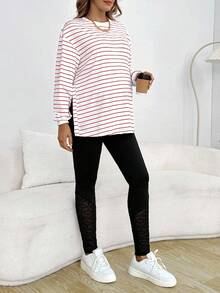 SHEIN 孕妇条纹落肩长袖宽松休闲T恤 - 紅白色 - 查看 5