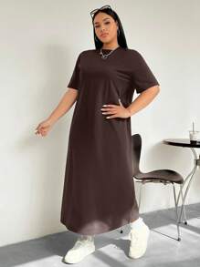 SHEIN EZwear 大码休闲纯色短袖T恤连衣裙 - 棕色 - 查看 8