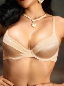 PinupPomp 2pcs Set Underwear For Women, Featuring Padded Bra With Steel Rings, Satin Patchwork, Lift & Gather Design, Retro Minimalist Style - Apricot - View 4
