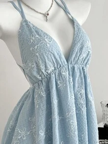 Elamini Đầm nữ màu xanh dương họa tiết hoa, cổ chữ V sâu, dây mảnh, hở lưng, xếp nếp, gợi cảm và quyến rũ cho kỳ nghỉ hè ở bãi biển. - Hồng - Xem 5