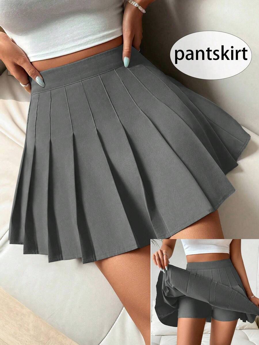 SHEIN PETITE Váy xếp ly/quần short phong cách học sinh Y2K đơn sắc dành cho nữ, mùa xuân/hè - Xám - Xem 1