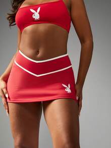 Missguided x Playboy 圣诞节女士运动网球短裙啦啦队迷你裙之字形设计白色条纹夏季运动服表演服 - 紅色 - 查看 3