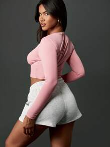 MISSGUIDED Áo crop top dài tay thể thao Áo thun thể thao liền mạch nhún bèo ở giữa phía trước tập luyện chạy bộ tập luyện Áo thun thể thao Yoga Đồ thể thao Quần áo tập thể dục - Bụi hồng - Xem 2