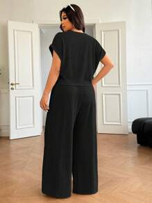 SHEIN PETITE CURVE Bộ 2 món áo phông in họa tiết tay cánh dơi rộng rãi cỡ lớn + quần, trang phục thường ngày mùa xuân/hè - màu đen - Xem 2