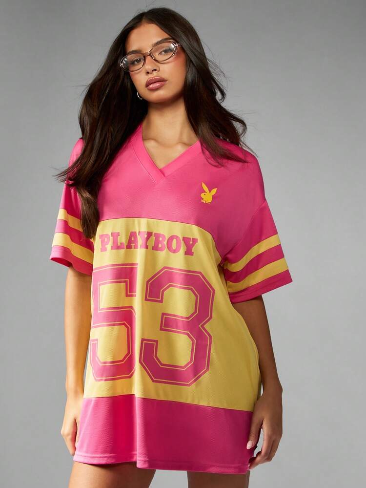 Missguided x Playboy Retro Sports Style V-Neck Mini Dress Football Jersey Streetwear Varsity Style Casual Oversized Pink Yellow College Games T-Shirt Dress Fall Collection