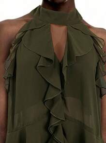 LYSMO 2025 New Arrival Claret Ruffle Chiffon Halter Top With Tie – Boho Summer Style - Army Green - View 7