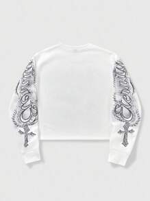 ROMWE MEN Goth Men's Letter & Cross Print Crew Neck White Long Sleeve Pullover Sweatshirt