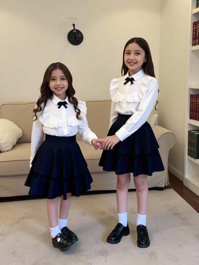 这款可爱的小女孩涤纶衬衫，下摆平整，饰有优雅的荷叶边，适合秋冬季节，是姐妹装的理想选择。